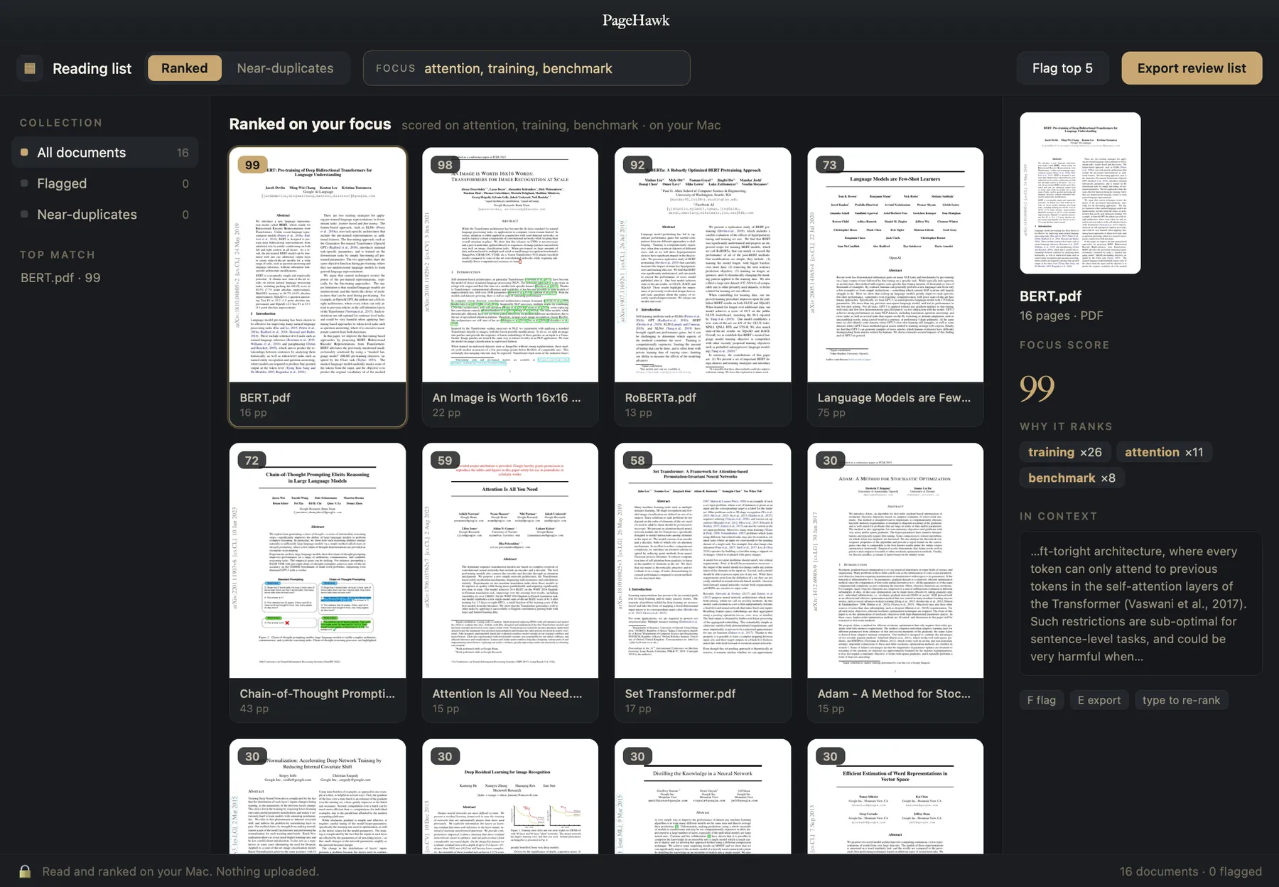 PageHawk in dark mode, ranking a reading list of sixteen machine-learning papers on attention, training and benchmark, every paper scored.