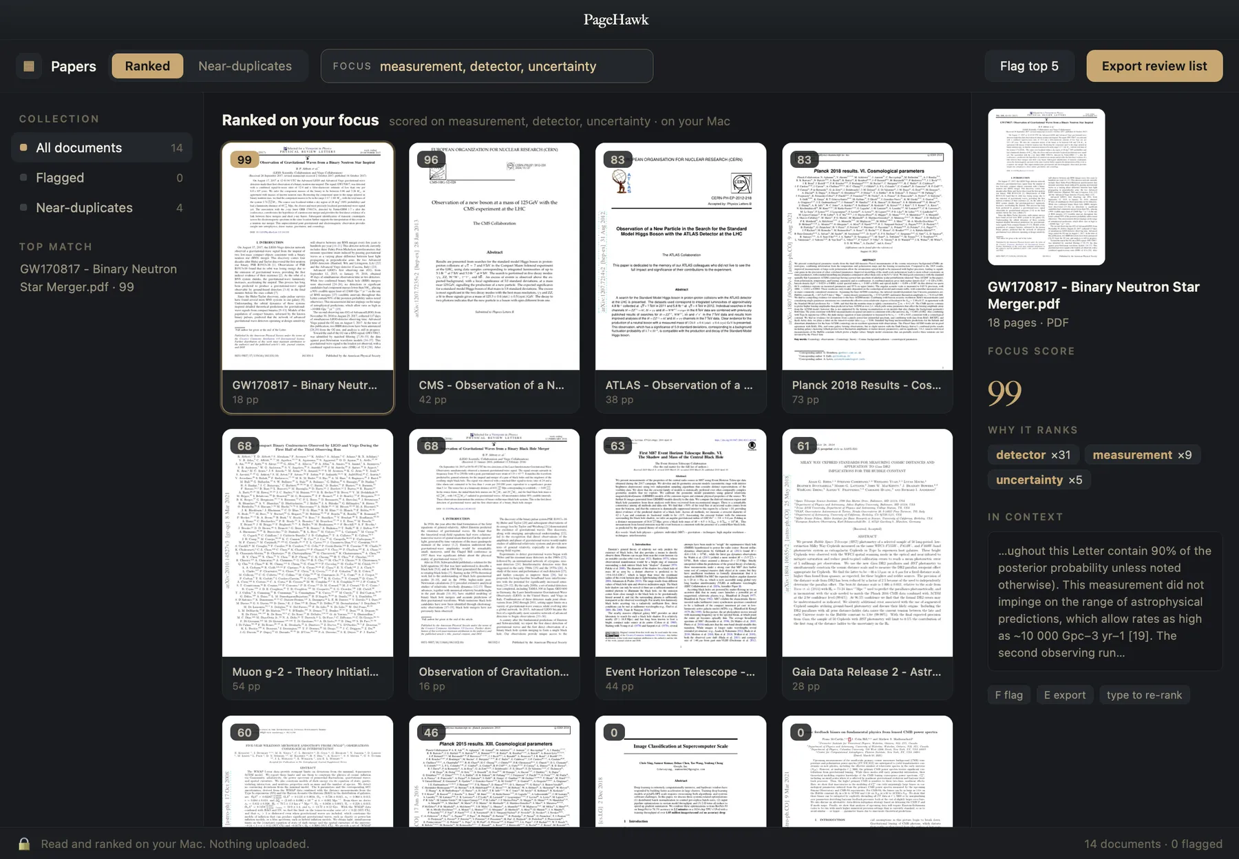 PageHawk showing a science collection in dark mode, fourteen physics papers scored on measurement, detector and uncertainty.
